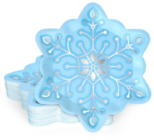 JarThenaAMCS 24Pcs Winter Snowflake Paper Plates Silver Foil Blue Snowflake Shape Disposable Plates Christmas Party Tableware for Xmas Wedding Birthday Table Decor Supplies