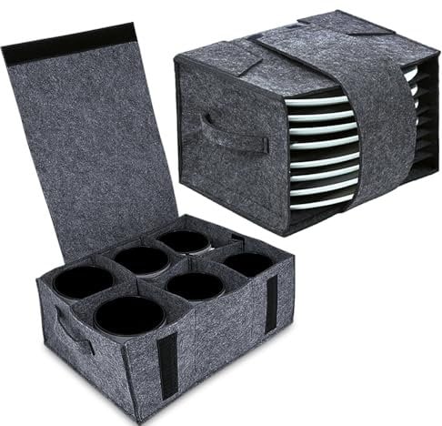 LUFEIS Caravan Plate Holder, Universal Felt Plate Holder and Cup Holder, Camping Dinnerware Storage Felt Bag with Lid and Handle, Camping Kitchen Accessories Organizer Holds 6 Cups and 8 Plates