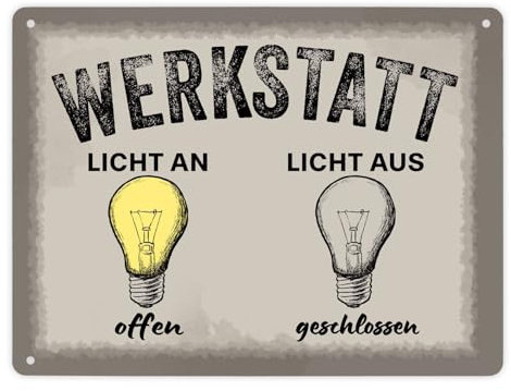Öffnungszeiten Metallschild XL in 21x28 cm mit Spruch Werkstatt Licht an offen aus geschlossen Perfekt für Garage Keller Hobbyraum oder Werkstatt Ideal als Geschenk für Vater und