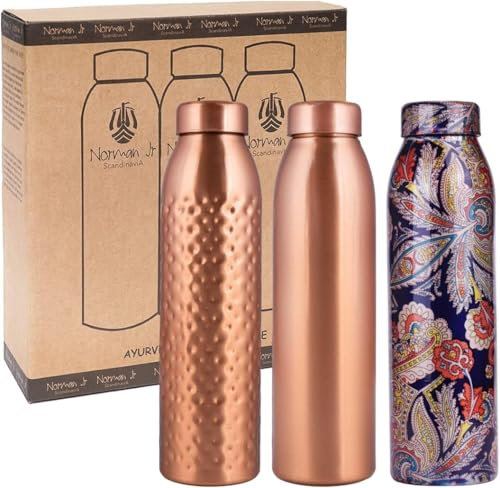 NORMAN JR, Copper Water Bottle 1L - Gift Box of 3, Plain 1, Hammered 1, Printed Blue 1, an Ayurvedic vessel made of pure copper - helps you drink more water with many health benefits