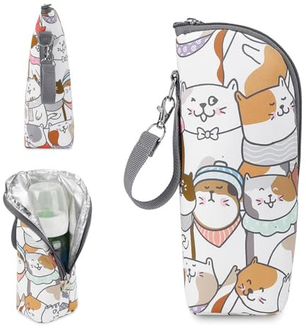 QOWIJZE 1 Stück Lsoliertasche Babyflasche,Babyflaschen Wärmer,Baby Flaschen Thermotaschen,Baby Milchflaschen Wärmer,Tragbare Babyflaschentasche,Für Kinderwagenreisen Im Freien,Kätzchen