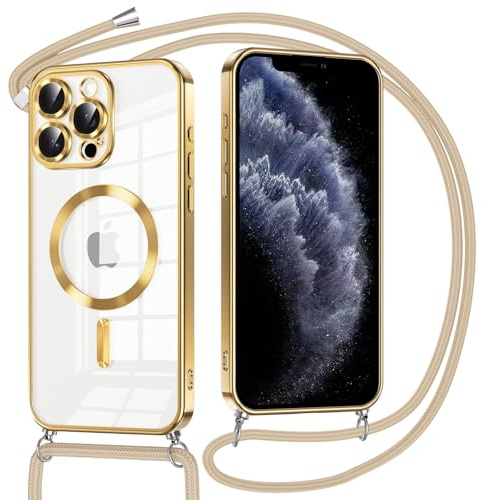 Oelrstfe Funda Magnética para iPhone 11 Pro Max 6.5 con Cuerda, Compatible con MagSafe, Transparente Carcasa con Correa Collar Colgante Suave TPU Silicona Case Cordón Cover Cámara Anti-Choque, Dorado