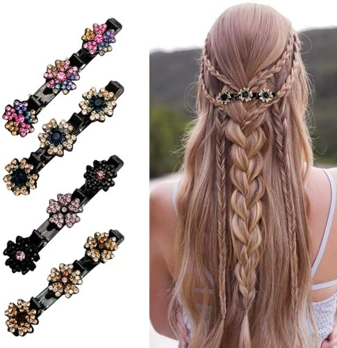 Lot de 4 pinces à cheveux tressées avec pierre de cristal étincelante pour femmes et filles, pinces à cheveux élégantes, barrettes à cheveux double couche