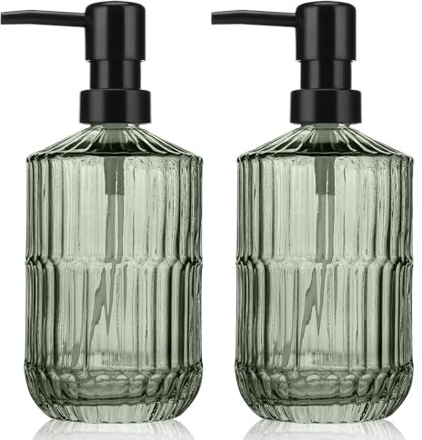Segus Green Glass Soap Dispenser, 2 Pieces 450ml Shampoo and Conditioner Dispenser, Refillable and Reusable, Empty Pump Bottl