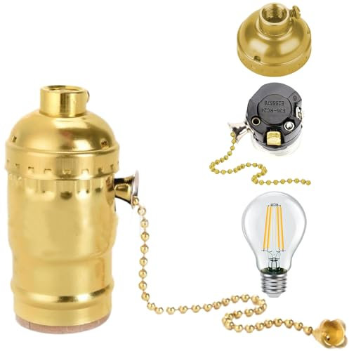 Douille de lampe à chaînette, douille de lampe à filetage avec chaînette traction, support en métal vintage pour ampoules E26 E27, dorée la