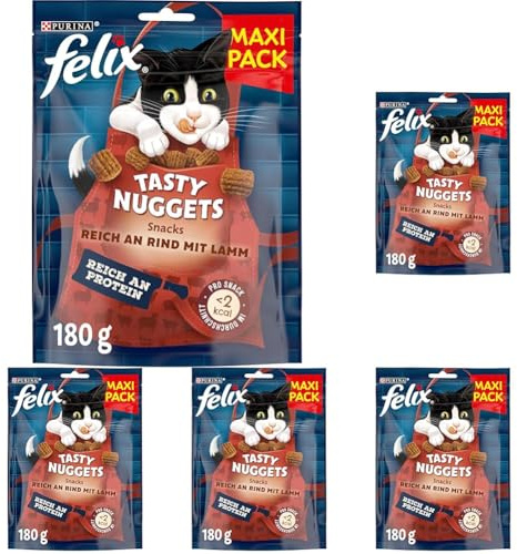 FELIX Tasty Nuggets Reich an Rind mit Lamm Katzensnacks, 6 x 180g (Packung mit 5)