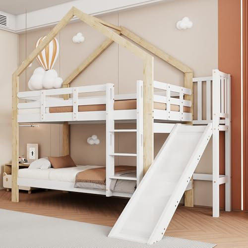 Lit superposé 90 x 200 cm, pour 2 enfants, lit mezzanine, avec toboggan, échelle et toit, lit double en bois, superposé, avec sommier à lattes et protection anti-chute, en bois massif, sans matelas