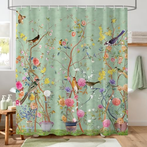 Hopomoon Rideau de Douche au Artistique avec Fond Vert, Motifs d'arbres, d'oiseaux et de Fleurs, Rideau de Douche imperméable pour la décoration de la Salle de Bain, 180 x 180 cm avec 12 Crochets