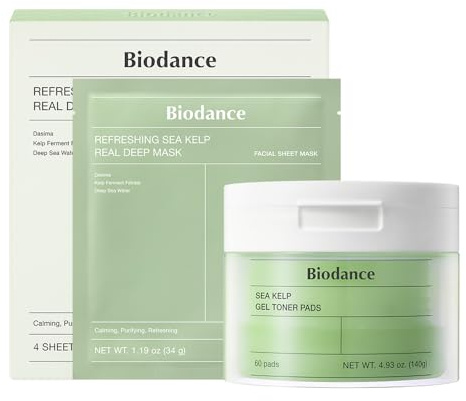 BIODANCE Sea Kelp Day & Night Gel Duo: Sea Kelp Mask & Toner Pads Set, Calming, Soothing, Oil Sebum Control for Sensitive Oily Skin, Korean Skin Care, Valentines Day Gifts for Her, Skin Care Set