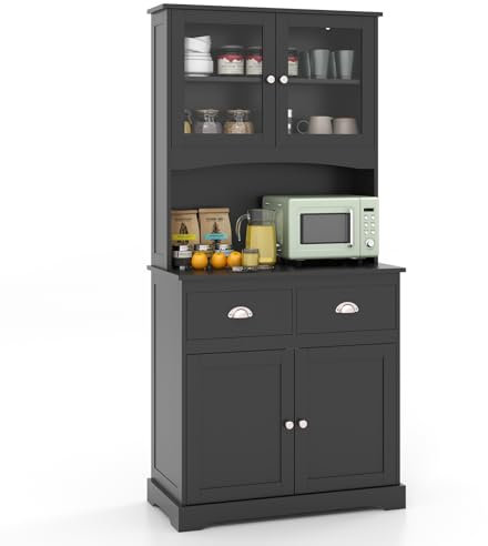 COSTWAY 170cm Tall Kitchen Cupboard, 4-Door Buffet Pantry Storage Cabinet with Tempered Glass Doors, Adjustable Shelves, 2 Drawers & Cable Hole, Wooden Sideboard Organizer for Dining Room (Black)
