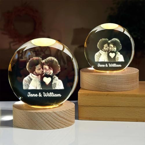 Bykiyevm Bola de fotos de cristal 3D personalizada, bola de cristal 3D personalizada, luz nocturna LED, regalos conmemorativos personalizados para mascotas, regalos de compromiso para parejas, marcos