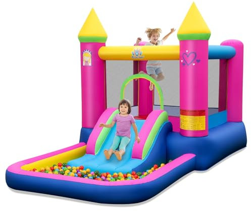 FANTASK Hüpfburg für Indoor und Outdoor mit Bällebad, Basketballkorb, Rutsche & Sprungbereich, 363 x 202 x 205 cm