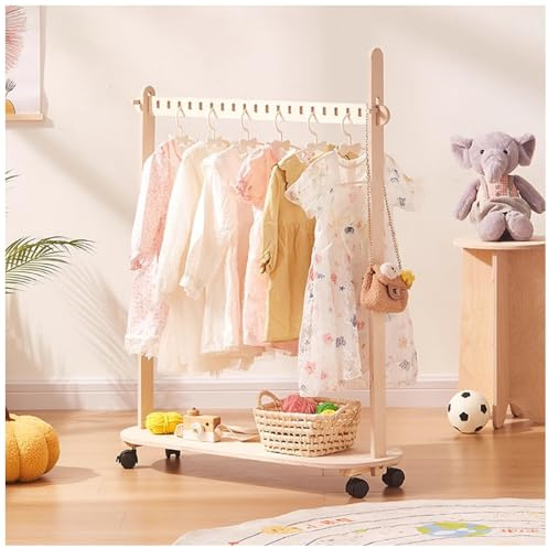 Kinder-Kleiderstange auf Rollen, Kinder-Kleiderständer mit Ablagefach | Holz-Kleiderschrank für Schlafzimmer, kleine Kinder, Kleiderstange für Mantel, Röcke