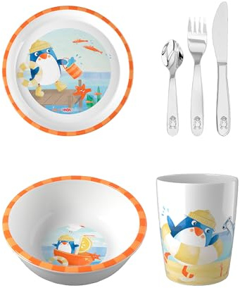 HABA Unisex Geschirr-Set 4-Pack Schüssel, Teller, Becher & Besteck - Pinguin - Größe One Size