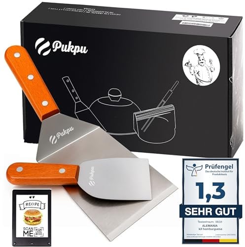 Pukpu Espátula Cocina Acero Inoxidable – Set Espátulas Plancha con Prensa Hamburguesas – Paleta Cocina Profesional para Plancha, Barbacoa y Burger