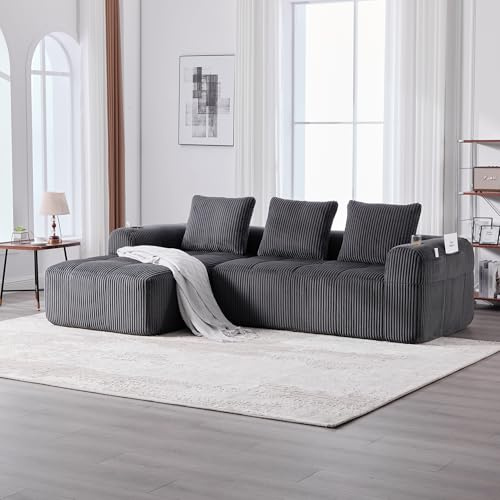 Zepneiy Big Sofa 3 Sitzer L Form Modernes Design, Sofa mit Seitentasche und Getränkehalter für Wohnzimmer et Arbeitszimmer, Polstermöbel Loungesessel mit Chaiselongue Armlehnen, Corduroy Darkgrey