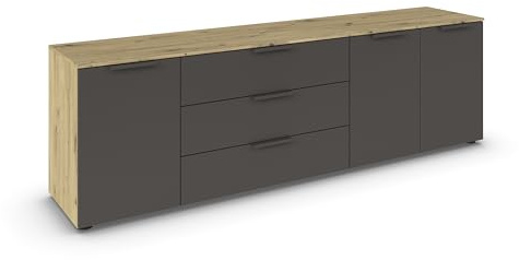 Rauch Möbel Flipp, Kommode, Farbe Graphit/Eiche Artisan, Breite 199 cm | Sideboard, 3-türig, 3 Schubladen, Soft-Close-Funktion, für Schlafzimmer, Gästezimmer, Wohnzimmer, Garderobe, Flur