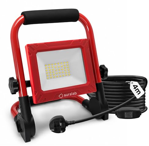 auralab Projecteur LED Chantier 50W avec Interrupteur, 5000LM Lampe de Travail Portable avec Câble 4m, Projecteur Étanche IP65 avec Support, Lumière de Chantier 6500K pour Garage, Atelier, Camping