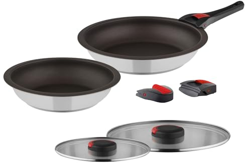 Quick Clack Pro Pfannenset 7-tlg, 28 & 24 cm, abnehmbare Griffe | Antihaftbeschichtung, induktionsgeeignet, spülmaschinenfest, Glasdeckel, Edelstahl 18/10, ideal zum Camping