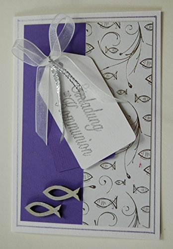 Kartenkunst 8 x Hochwertige Einladungskarten zur Kommunion Fische - lila *Handmade*