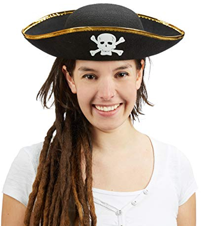 Relaxdays 10020589 Piratenhut schwarz, Dreispitz, mit Totenkopf, Fasching, Karneval, Einheitsgröße, black
