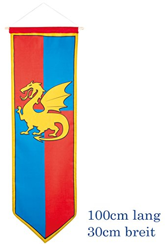 NET TOYS Ritterwappen mit Drachen Mittelalter Standarte 100 x 30 cm rot-blau Fahne mit Wappen Flagge Mottoparty