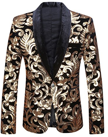 PYJTRL Herrenmode Samt Pailletten Blumenmuster Anzugjacke Blazer (M, Black Flat Collar)