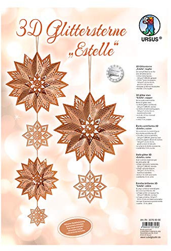 Ursus 33760000 - Glitterstern 3D Estelle, kupfer, Material für 3 Sterne, in verschiedenen Größen, inklusive Sternen Accessoires und Bastelanleitung, ideal für die weihnachtliche Bastelzeit