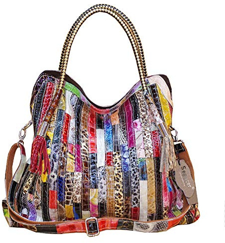 Segater Große Damen-Handtasche, Boston Bag, echtes Leder, zufällige Farbmuster, bunt, Patchwork, große Tote-Bag, Hobo-Umhängetasche, Crossbody-Tasche
