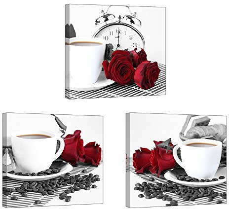 Piy Painting Wandbilder 3 Panel Rose und Kaffeetasse Bilder und Kunstdrucke auf Leinwand wasserdichte Leinwandbild Ölgemälde Deko für Wohnzimmer Schlafimmer Küche Geburtstagsgeschenk 30x30cm