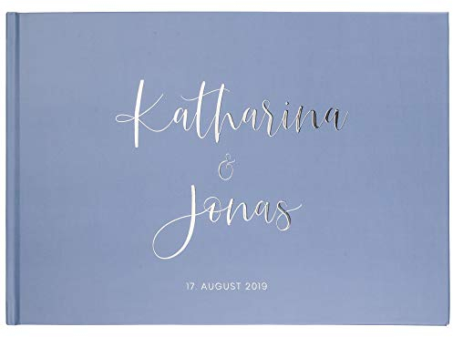 DeinWeddingshop Deluxe Hochzeitsgästebuch | Gästebuch zur Hochzeit personalisiert | Veredelung in Gold, Rosé-Gold, Silber oder Kupfer | A4 quer | Taubenblau, Inhalt mit Fragen