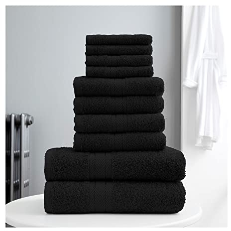 Lions Towels 10 Piece Bale Set - 4 Face 4 Hand 2 Bath Towel - 100% Egyptian Cotton 450 GSM, Premium Quality Highly Water Absorbent Bathroom Accessories, Machine Washable, Black