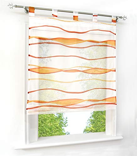 Voile Raffrollo mit Wellen Druck Design Rollos Schlaufen Transparent Vorhang (BxH 120x140cm, Orange mit Schlaufen)