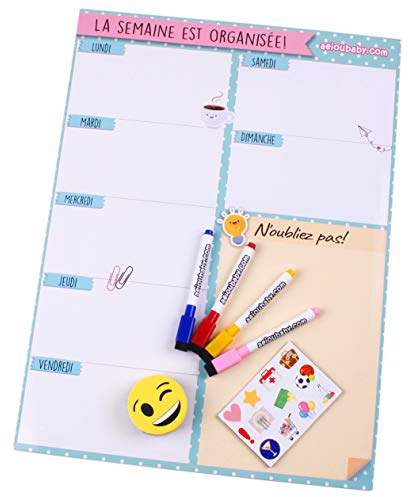 Planificador Semanal Magnético, 4 Rotuladores de Colores, 12 Imanes, 1 Borrador | Calendario Nevera 43x32cm Pizarra Cocina| Organizador Recordatorio Lista de la Compra Menú | Caja regalo(Francés)