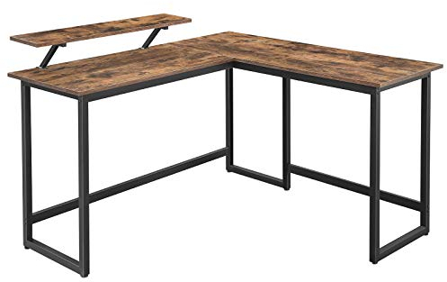 VASAGLE L-Shaped Desk with Screen Stand for Studying, Gaming, Working, Space-Saving, Adjustable Legs, Metal Frame, Easy Assembly, Rustic Brown LWD56X 140x130x76/91.4cm