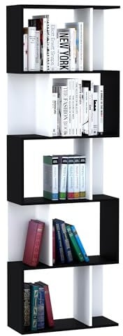 HOMCOM Bibliothèque étagère Meuble de Rangement Design Contemporain en S 5 étagères 60L x 24l x 185H cm Noir Blanc