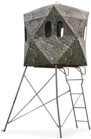 Guide Gear 6 Foot Tripod Hunting Tower Blind, 2-Man Stand Elevated, Hunting Gear Equipment Accessories, 4 by 4 Mossy Oak Country Roots