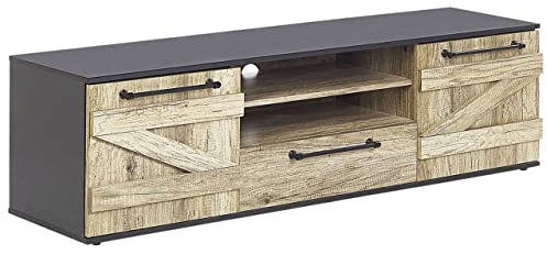 Meuble TV Noir et Bois Clair avec 2 Portes et Tiroir Spacieux Solution Rangement Idéale pour Salon ou Chambre au Style Rustique et Campagne Beliani