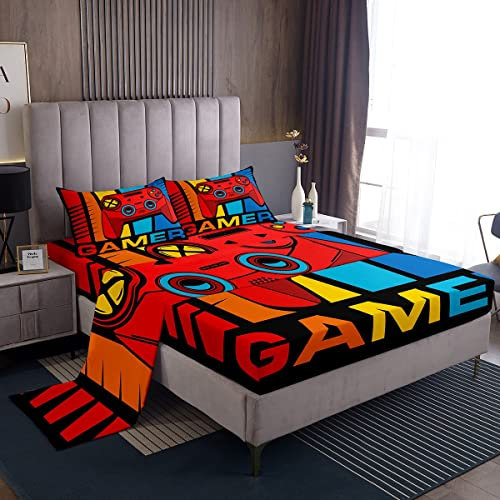 Loussiesd Juego de ropa de cama individual para niños, juego de sábanas de videojuegos para niños, sábanas de videojuegos para adolescentes, sábana bajera ajustable + sábana encimera + 1 funda de
