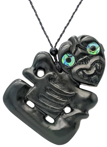 81stgeneration Extra Großer HEI Tiki-anhänger aus Schwarzer Nephrit-Jade mit Augen aus Paua-Muschel | Maori-kordelkette für Herren | Natürlicher Grünsteinschmuck | Schwere Handgeschnitzte Skulptur