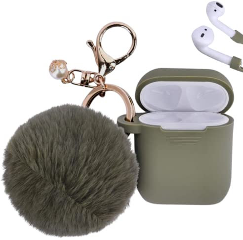 For Apple Airpods Case, PERSONALLY YOURZ Airpods Case Cover For Airpods 2&1 Cute AirPods Silicone Protective Case Cover With Keychain Fluffy Pompom With Straps Best Gift For Females (Olive)