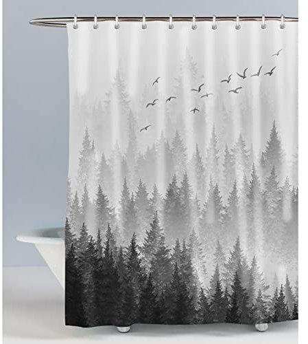 LIVETTY Black and White Misty Forest Shower Curtains Plant Tree Nature Woodland Shower Curtain 72x72 inches(180x180cm ) with 12 Hooks Fabric Bath Curtain Washable Quick-Drying