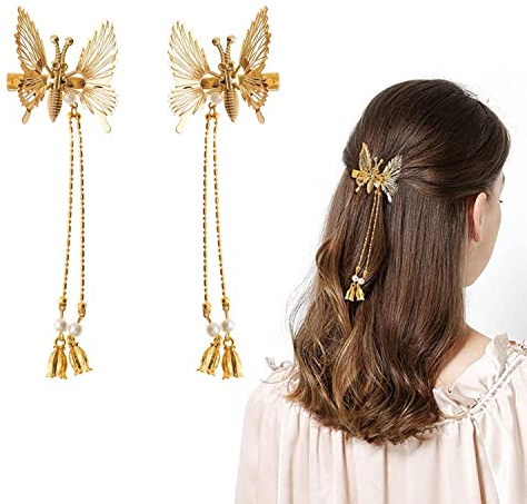 Elegante Schmetterling Haarnadel, Schmetterling Haarspange Perle Haarkamm Clip, bewegliche Schmetterling Haarspangen, Antike Seitenclip, Braut Haarschmuck für Damen und Mädchen (Gold-2 Stück)