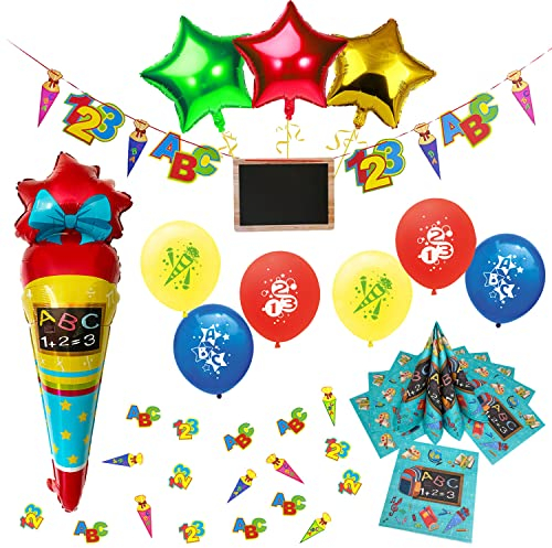 Oblique Unique® Schuleinführung Schulanfang Einschulung Deko Set - Folienballon Zuckertüte + Stern Ballons + ABC 123 Ballons + Girlande + Servietten + Konfetti