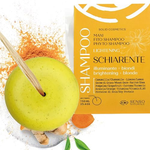 Senso Naturale Festes Shampoo Aufhellendes und Strahlend für Stumpfes Haar, Balancer für Leuchtend Goldene Highlights mit Kamille, Kurkuma, Zitrone, Ökologisch und Vegan, ph 4.5-5.5
