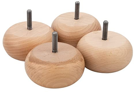 MOLLY MALOU 4 x M8 Natural Wooden Bun Feet with four M8 D Nuts and T Nuts For Couches Sofas and Chairs
