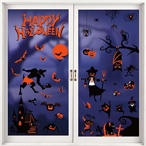 Nepfaivy Pegatinas Halloween Decoracion Ventanas - 9 Hojas Doble Cara Reutilizable Pegatinas Halloween Escaparates, Halloween Stickers Calabaza Calavera Fantasma Murciélago Adornos Halloween para Casa