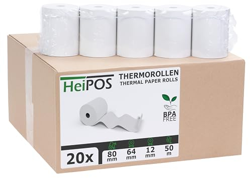 HeiGroup HeiPOS - 20x Kassenrollen Thermorollen - 80 mm x 50 m x 12 mm - 55 g/m² Papier - Für EC-Cash, Kreditkarten Kassensysteme und mehr
