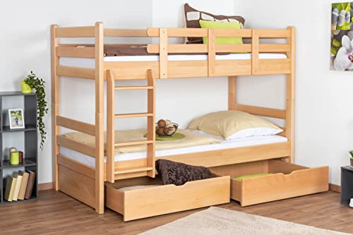 Stockbett für Erwachsene Easy Premium Line K20 inkl. 2 Schubladen und 2 Abdeckblenden, Kopf- und Fußteil gerade, Buche Vollholz massiv Natur - Liegefläche: 90 x 200 cm, teilbar
