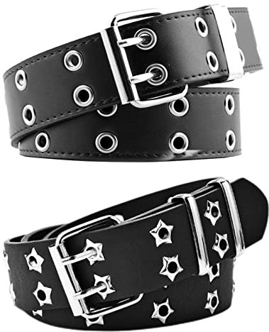 Damen Punk-Gürtel, schwarz, doppelte Ösen, Sterne, verstellbarer Taillengürtel mit Kette, Hip-Hop-Stil, X-Black+Blackstars, Medium(waist under 36'')